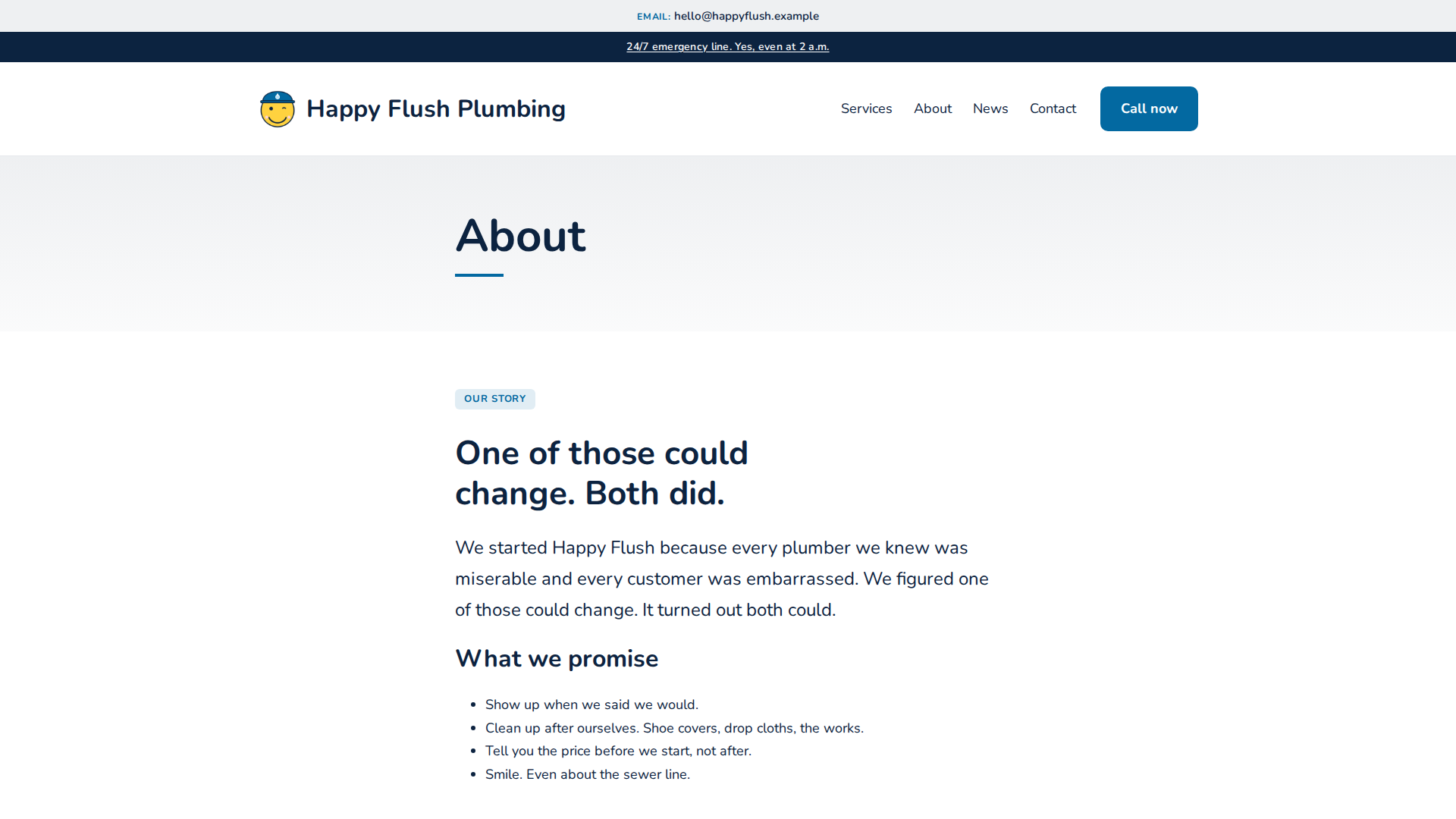 Bubble demo about page: the story and a what-we-promise list