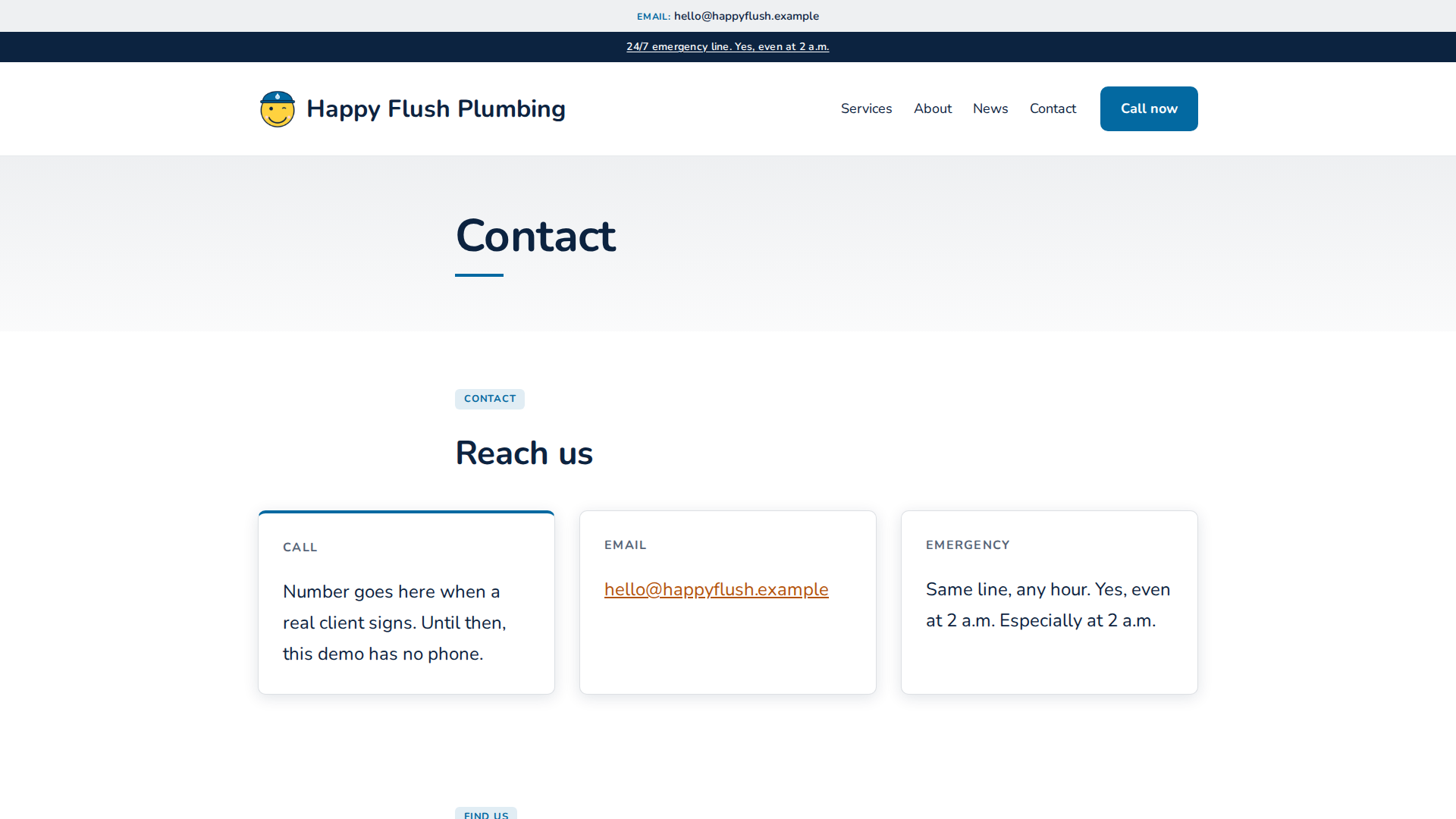 Bubble demo contact page: call, email and emergency cards