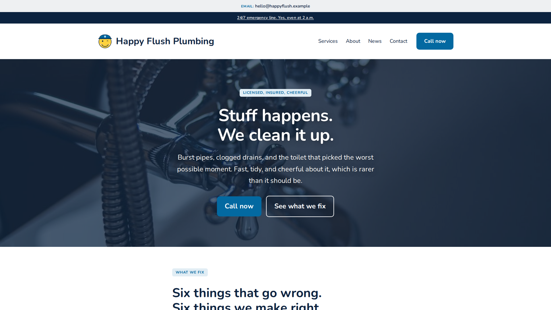 Bubble demo home page: photo hero with the call-first headline and two buttons