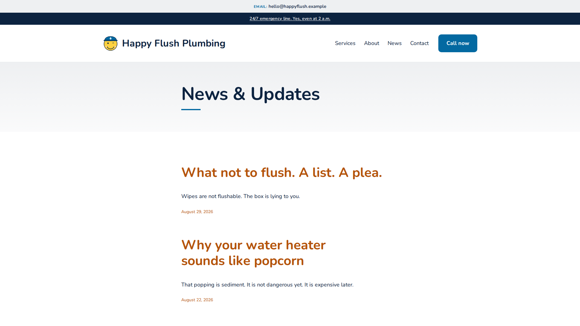 Bubble demo news page: dated posts in the tinted page header layout