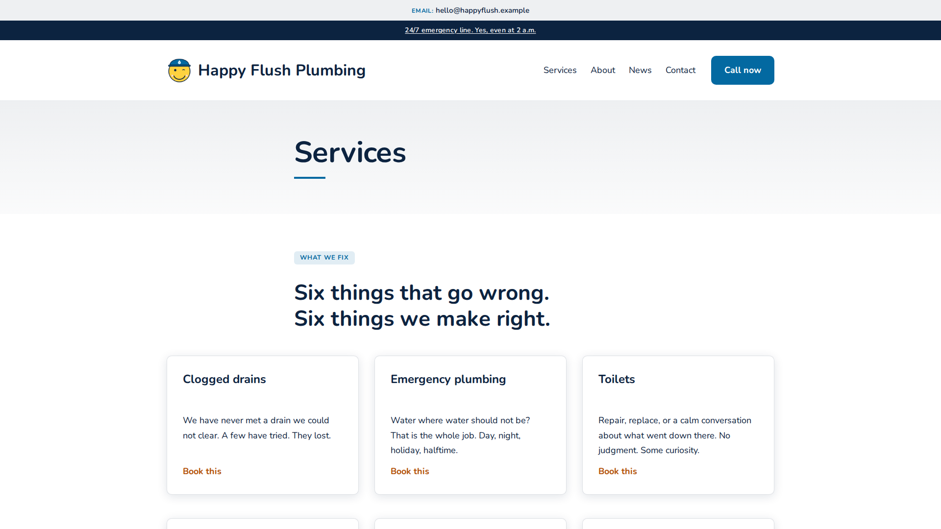 Bubble demo services page: six service cards, each ending in a booking link