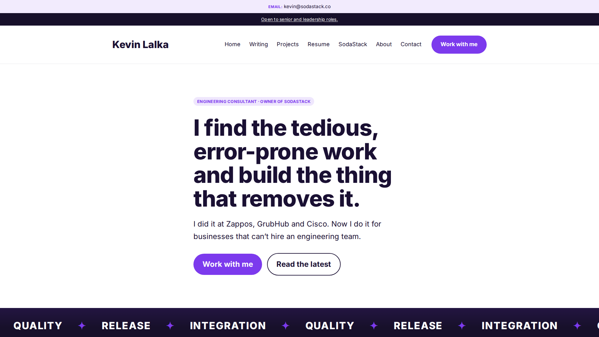 Refresh reference home page: positioning headline, work-with-me buttons and the marquee ticker