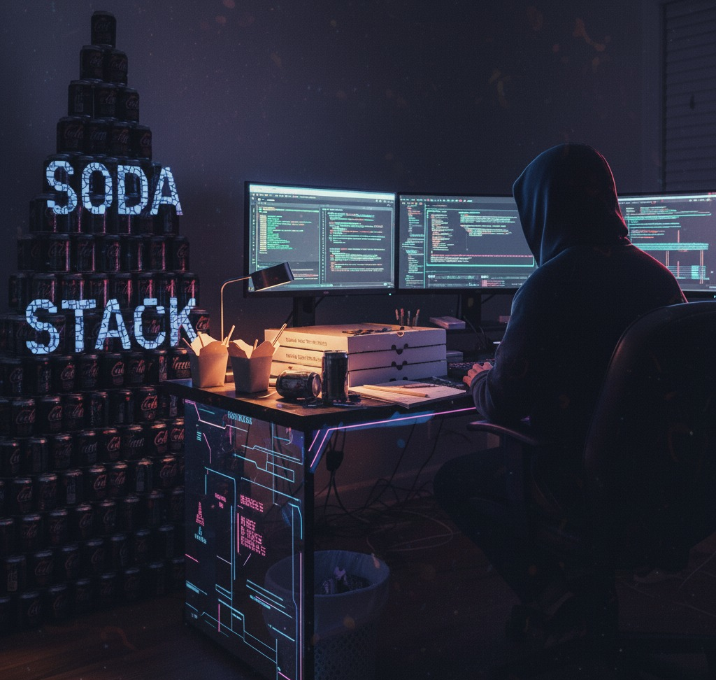 A developer working late at a neon-lit desk, beside a stack of SodaStack cans