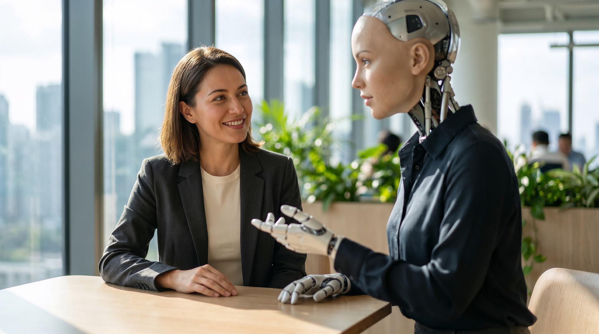 A person in conversation with a humanoid robot across a table