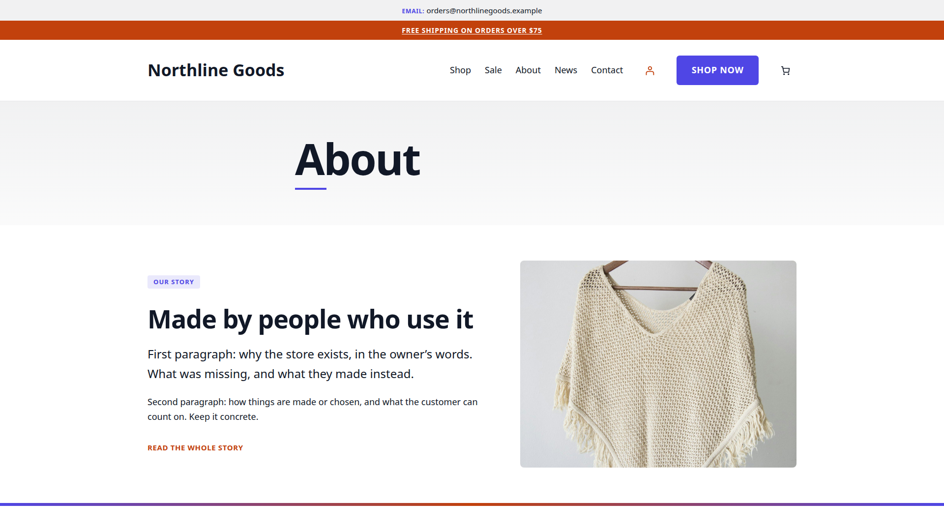 Surge demo about page: brand story beside a product photo