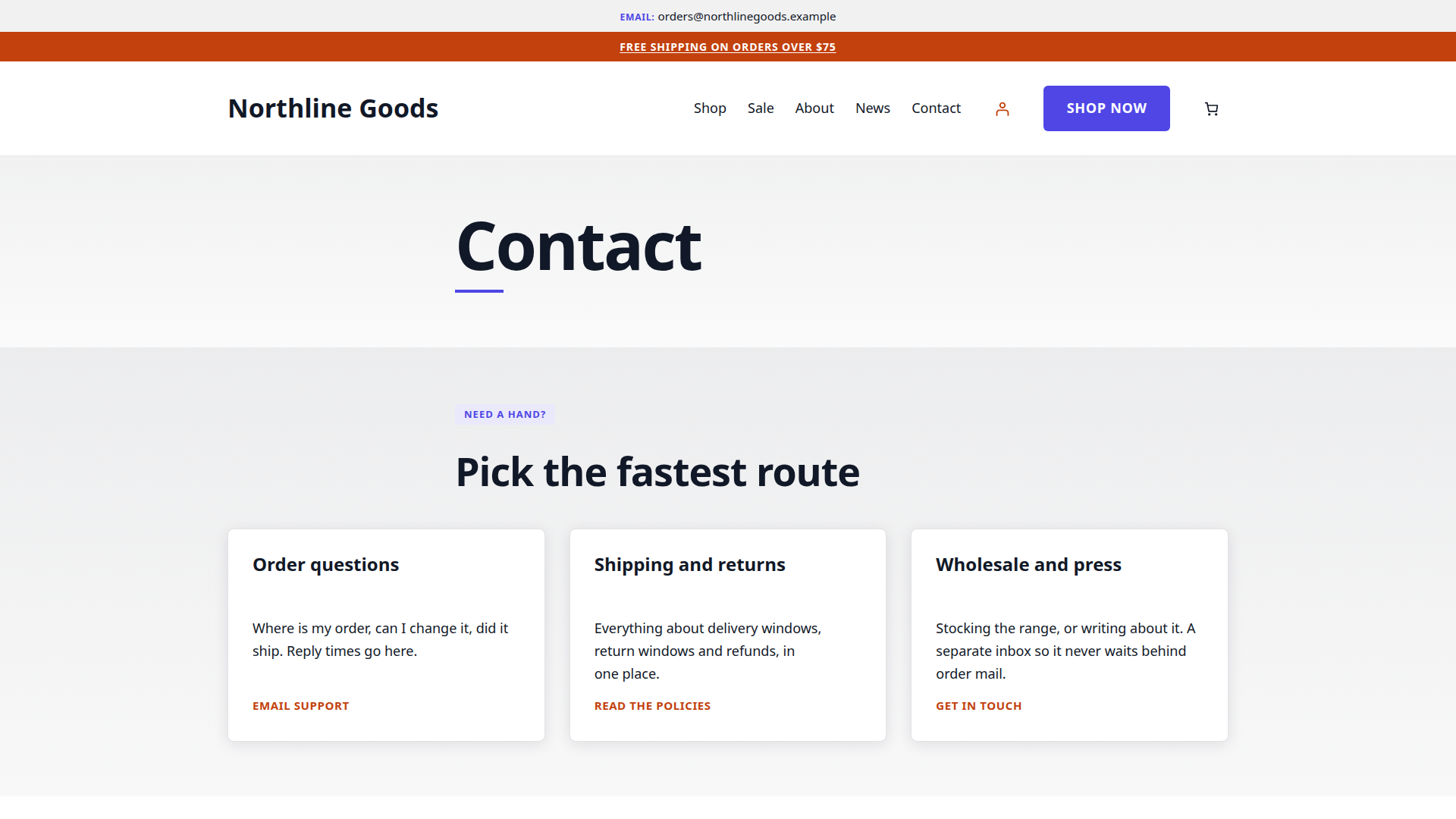 Surge demo contact page: three help cards for orders, shipping and wholesale