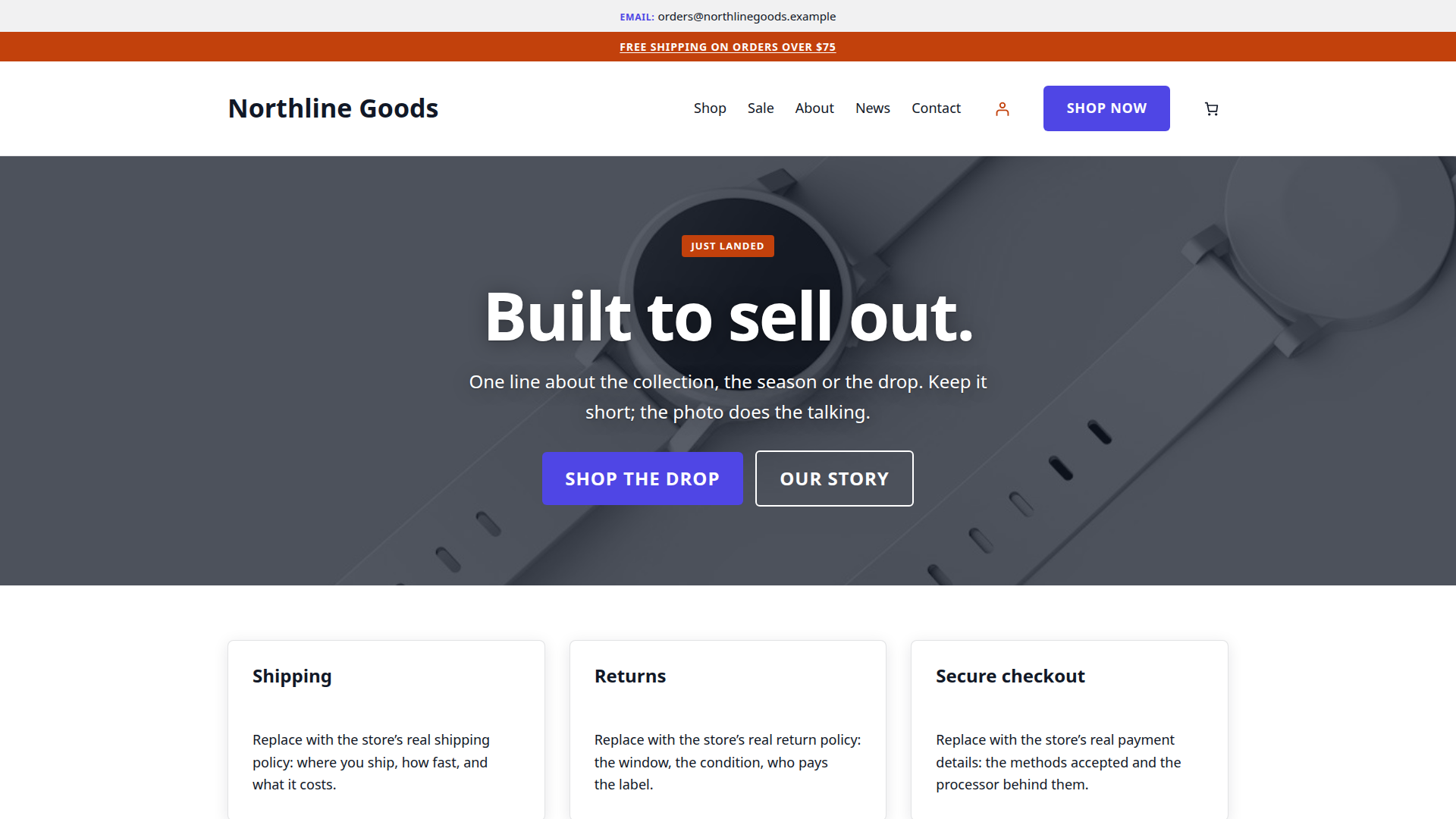 Surge demo home page: photo hero with a Just Landed badge, Shop the Drop button and the trust strip