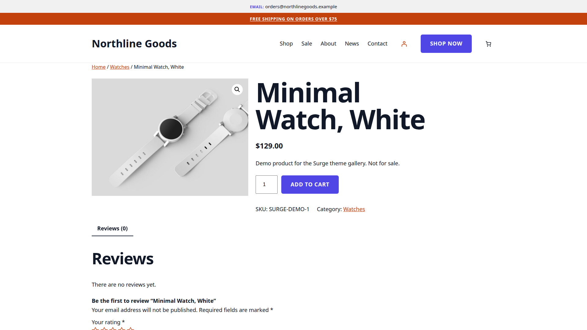 Surge demo product page: large product photo beside the title, price and add-to-cart