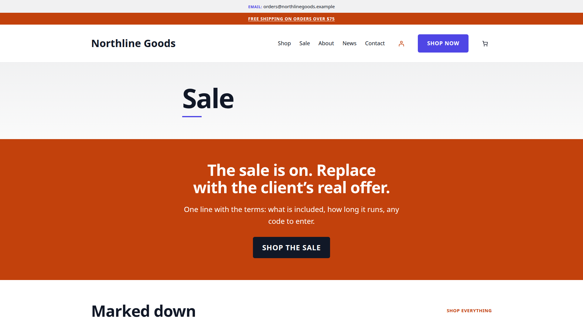 Surge demo sale page: full-width accent sale banner above the marked-down grid