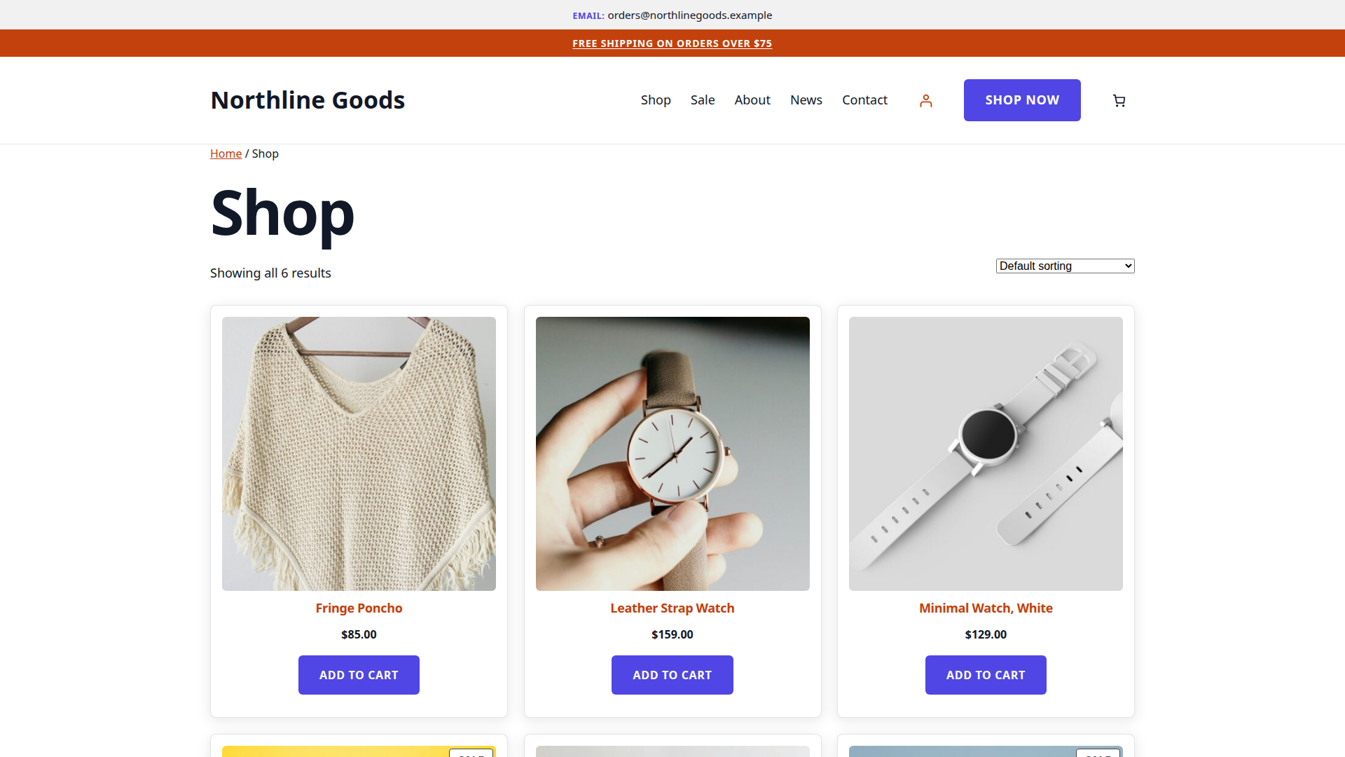 Surge demo shop page: WooCommerce product grid styled as lifted cards with add-to-cart buttons