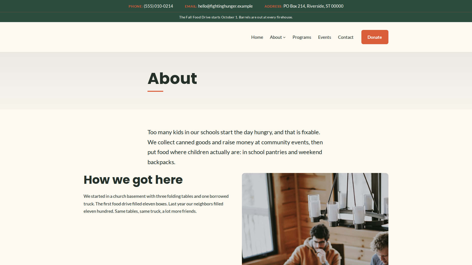 Uplift demo about page: mission, story and volunteer board