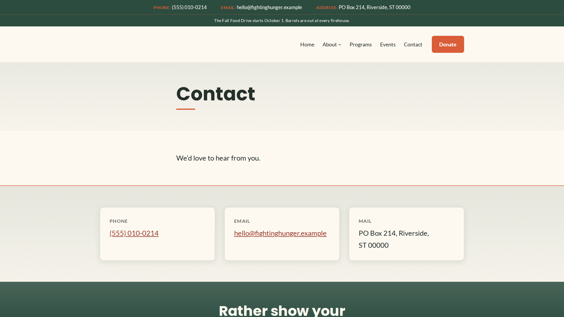 Uplift demo contact page: reasons to reach out and contact cards
