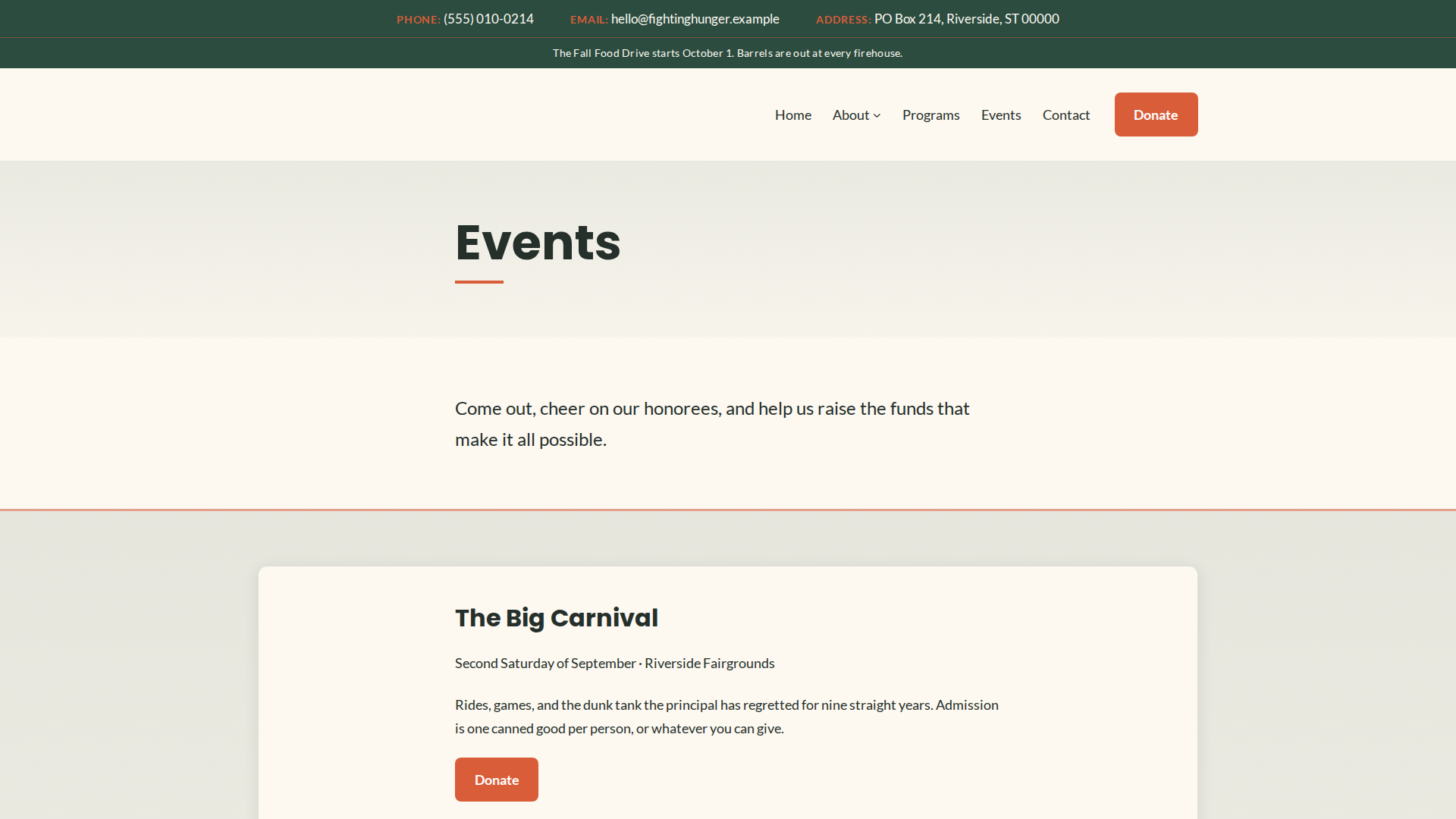 Uplift demo events page: annual calendar and signature fundraiser